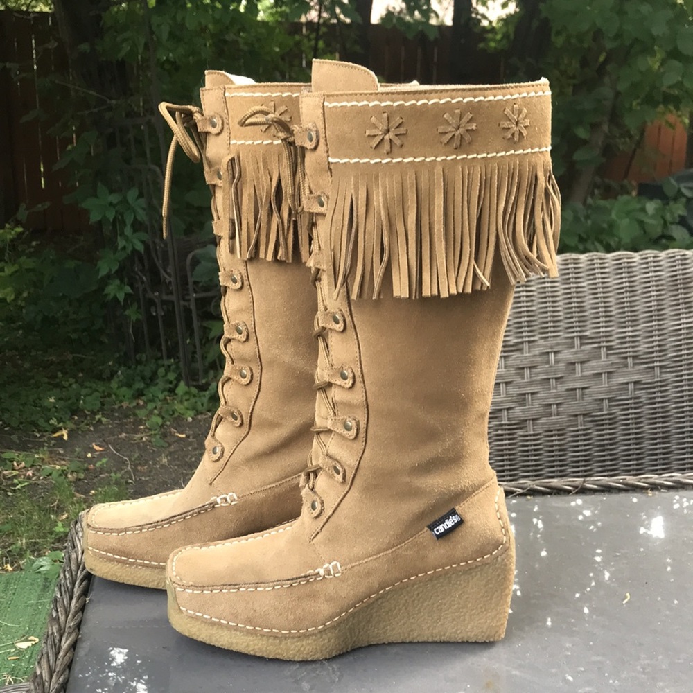 Candie’s Vintage Sz 7.5 Moccasin Wedge Fringe Suede Tall Western Cowboy Boots